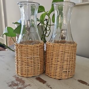 Set Of Two Glass Carafes with Wicker Holders 1/2 Litre Each